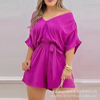 women playsuits summer sexy v neck off shoulder solid playsuits women short sleeve lace up backless straight loose playsuits