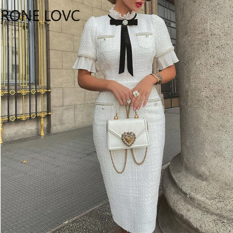 Women Elegant Round Neck Short Sleeves Bow Ruffle Hem Beaded Formal Fragrant Breeze White Dress