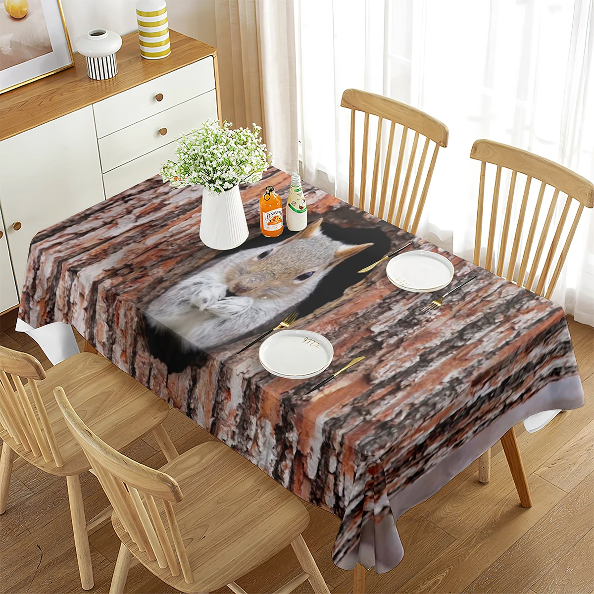 

Cute Squirrel Rectangle Tablecloth Tree Hole Art Home Decor for Kitchen Dining Room Living Room Banquet Coffee Table Decorations