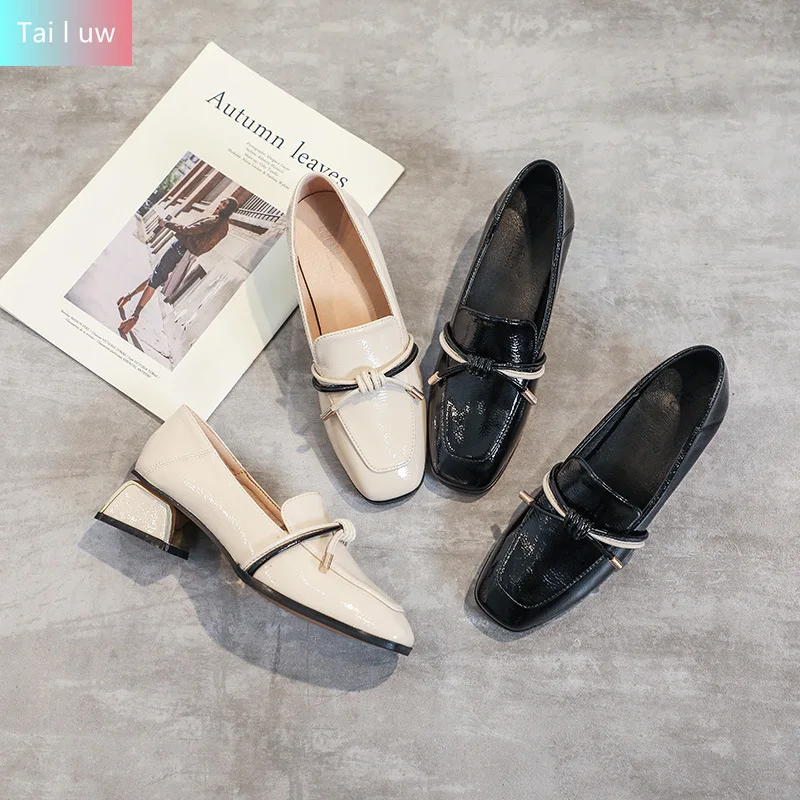 

Women High Heeled Lefu Shoes New Spring and Autumn British Small Leather Shoes Thick Heel Medium Heel Patent Leather Single Shoe