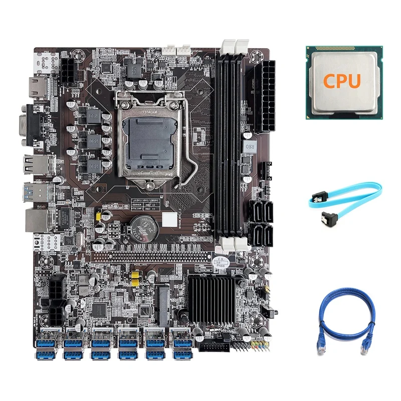 

B75 ETH Mining Motherboard 12 PCIE To USB LGA1155 Motherboard With Random CPU+SATA Cable+RJ45 Network Cable