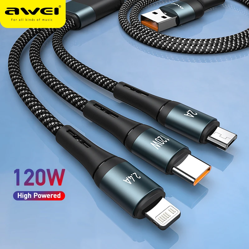 

Awei CL-972 120W 3-in-1 USB-C Cable Super Fast Charging Cables Micro Type c Charge Data Transmission For HUAWE iPhone