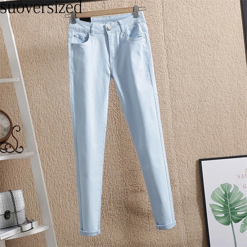 

Korean Pink Capris Jeans Ankle-Length Denim Pants Women's Spring Pencil Pants Skinny Cotton Elastic Pantalon Mujer Trousers New