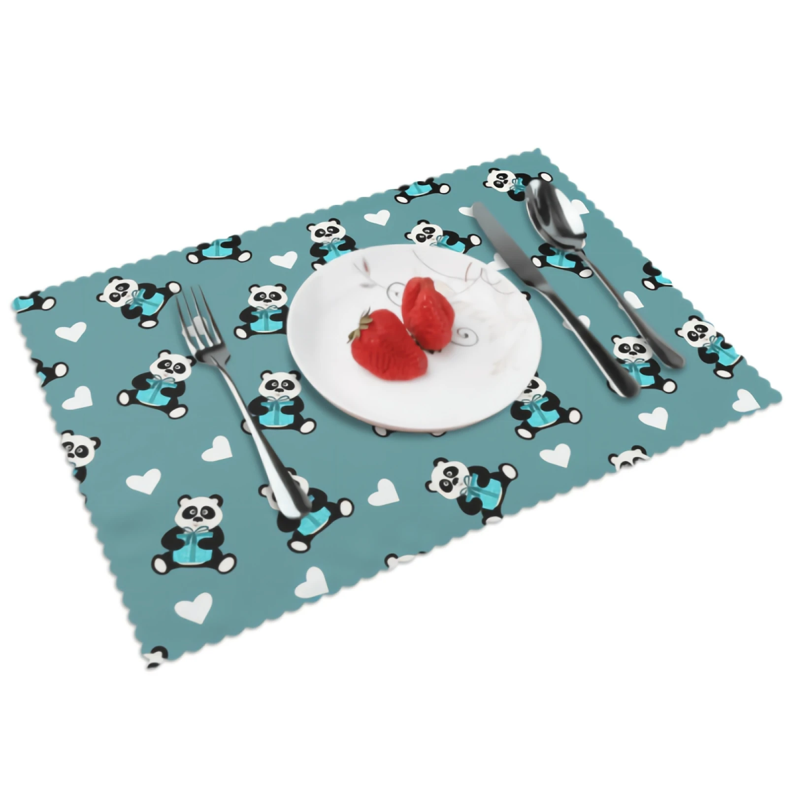 

Cute Small Panda Placemats Cartoon Animal Bear Turquoise Green Kid Boy Gift Placemat Set of 4 for Party Dining Table,18" x 12"