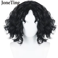 jt synthetic mens short wavy wigs with bangs heat resistant fiber black curly cosplay wig for women full machine made