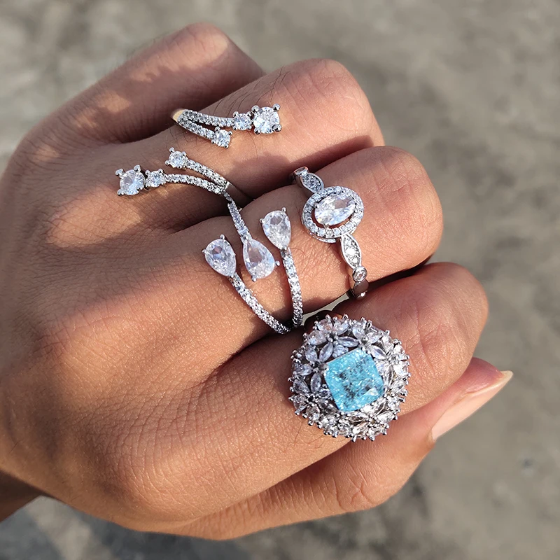 

Luxury Blue Crystal Opening Rings Cubic Zirconia Adjustable Ring For Women Fashion Party Anniversary Jewelry Gifts Wholesale
