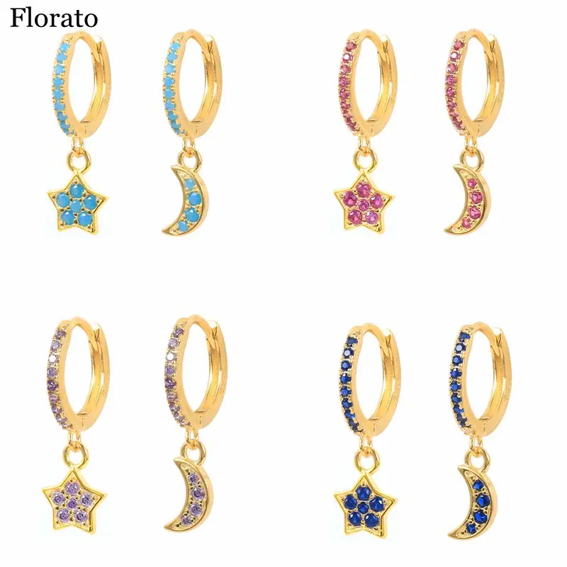 

925 Sterling Silver Zircon star moon Pendant Hoop Earrings Geometric gold Earrings For Women luxury wedding Jewelry Gift huggie