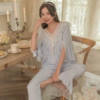 french pajamas womens spring autumn palace style v neck sweet trumpet sleeve suit lace mesh princess home dress sleepwear