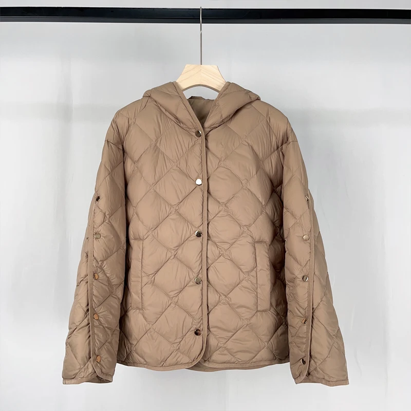 Luxury Women Metal button down jacket 2022 Winter Khaki Black Loose Hooded puffer coat Ultra Light Warm Clothing INKEO 2O310