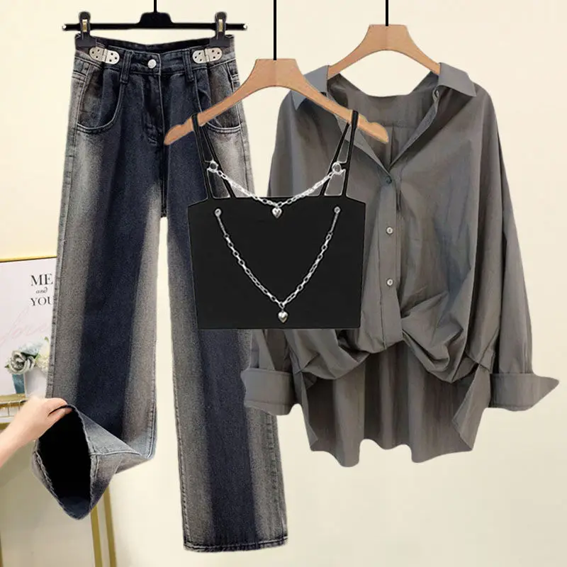 

Блузка WDMSNA женская с лацканами, Весенний костюм, новинка 2023, свободная рубашка, короткая стропа, джинсы с высокой талией, комплект из трех пр...