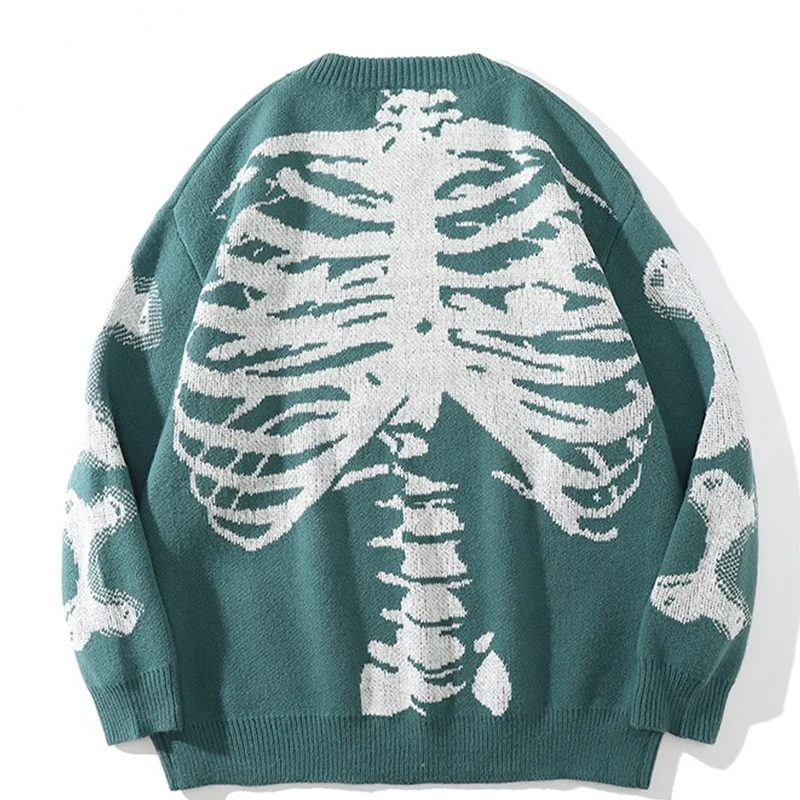 

Men Oversized Sweater Green Loose Skeleton Bone Print Women Vintage Retro Knitted Sweater Autumn Cotton Pullover Couples Unisex