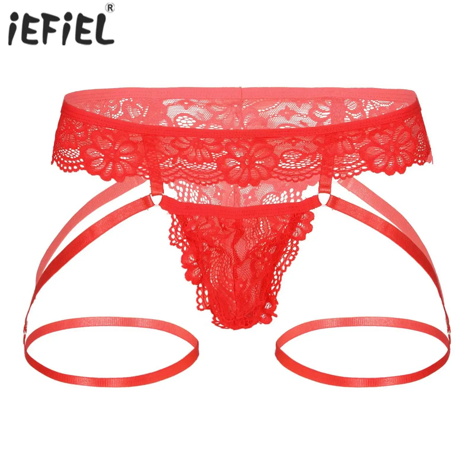 

Mens Sheer Lace Bulge Pouch Thong T-back Underpants Hollow-out Low Rise G-string with Garter Belt Sissy Crossdressing Underwear