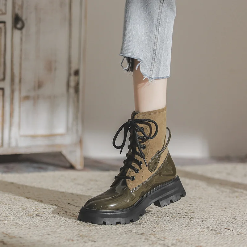 

Short Boots Women New Thick Heel Thick-soled Women Boots Lace-up Patent Leather Single Boots Women's Boots Womens Shoes