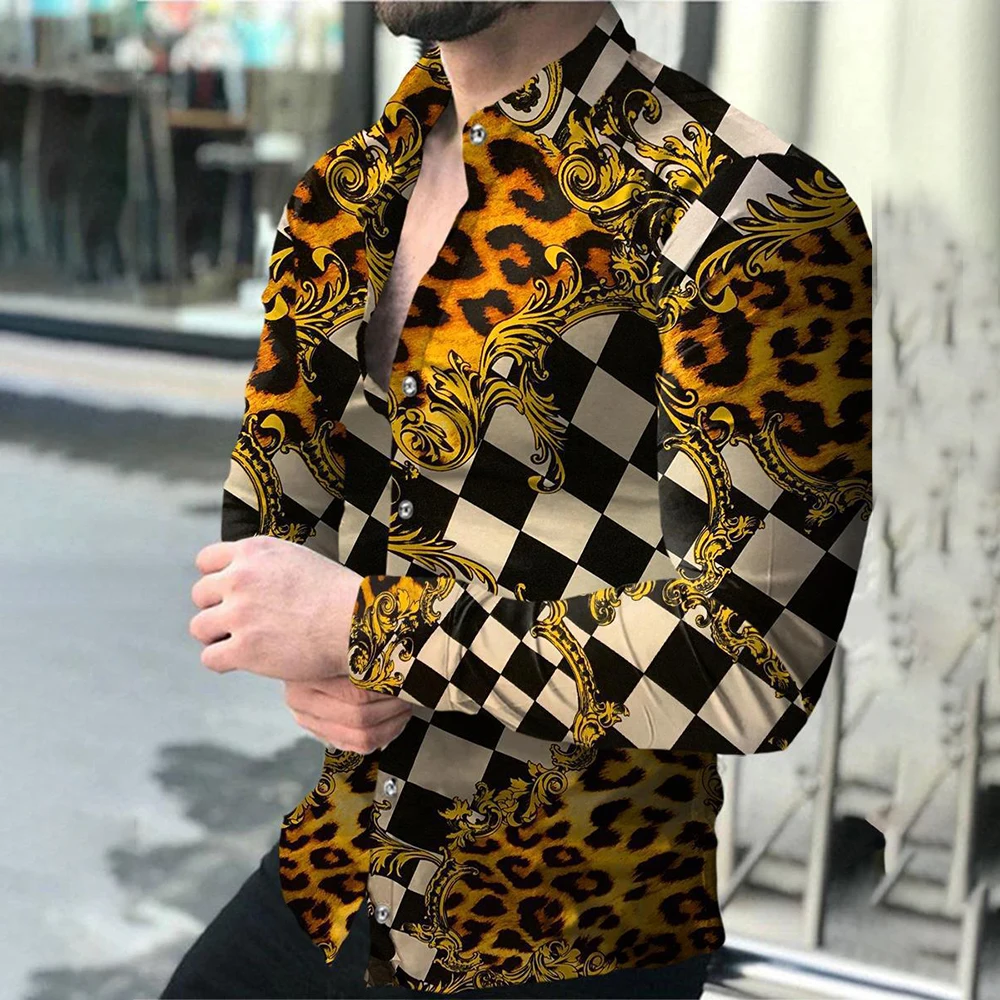Fashion Button Down Shirt Men Printed Long Sleeve Tee Vintage Party Dress Shirt Casual Pint Tops L-4XL