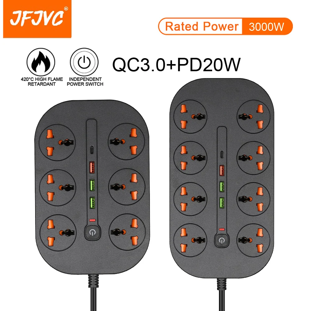 

JFJVC Outlet Power Strip Multiprise Smart Home 2m Extension Electrical Socket Type C PD 20W QC3.0 USB Port EU US UK Plug Adapter