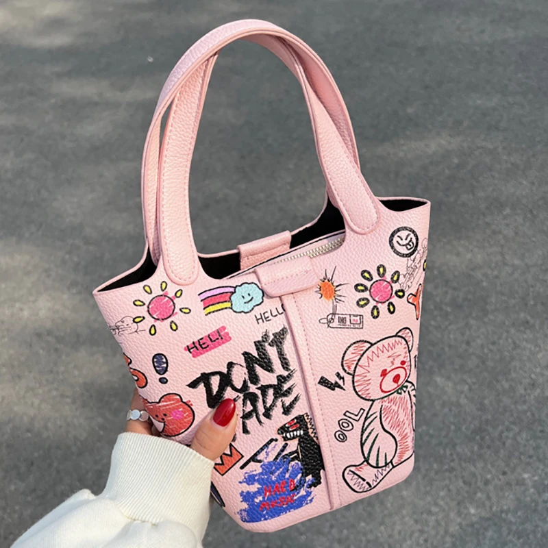

Richme Cartoon Bear Print Women's Bag 2022 Trend New Fashion Casual Funny Basket Texture Zipper Shoulder Messenger Bolso Mujer