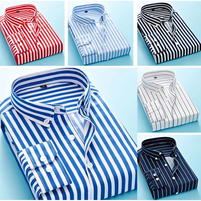 New Leisure Shirts Men Fashion Long Sleeve Business Button-Down Striped Shirt Regular Fit Man Blouse