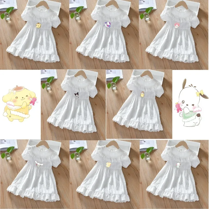 New Kawaii Hello Kitty Kuromi Anime Girls Dress Childrens Ruffle Edge Spliced Princess Dress Girls Cute Cartoon Loose Fit Dress