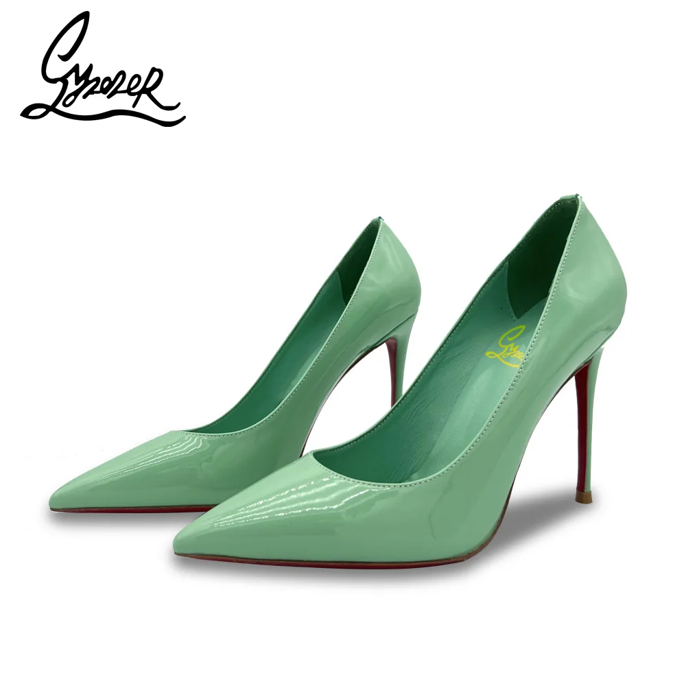 

Роскошные дизайнерские женские туфли на высоком каблуке с острым носком зеленые лакированные кожаные туфли на шпильке с красной подошвой д...