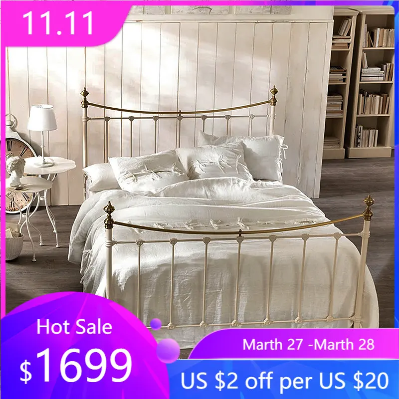

Italian fabric bed Mediterranean iron bed light luxury simple modern princess bed bedroom wedding bed double bed 1.8 meters