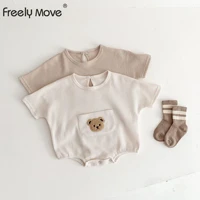 freely move cotton baby girl clothes summer new cute bear print romper jumpsuit korean waffle playsuit for newborn