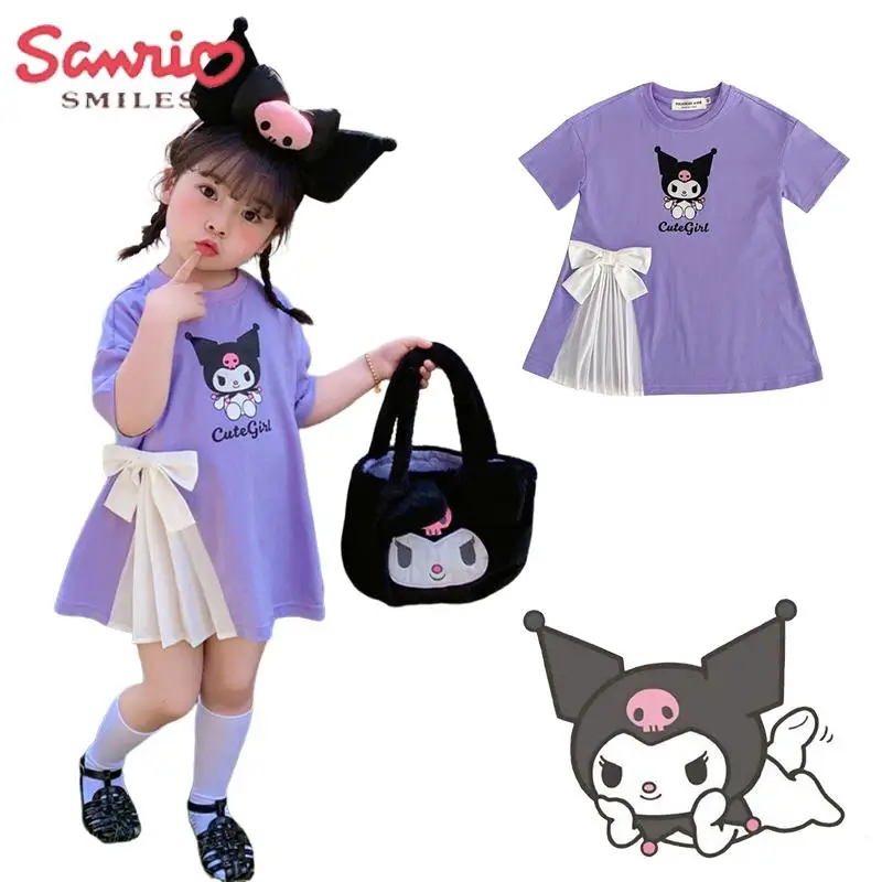 

Ins Kuromi Pure Cotton Dress 2023 Summer Purple Short Sleeve T-Shirt Skirt Sanrio Comfortable and Cool Bowknot Princess Dress