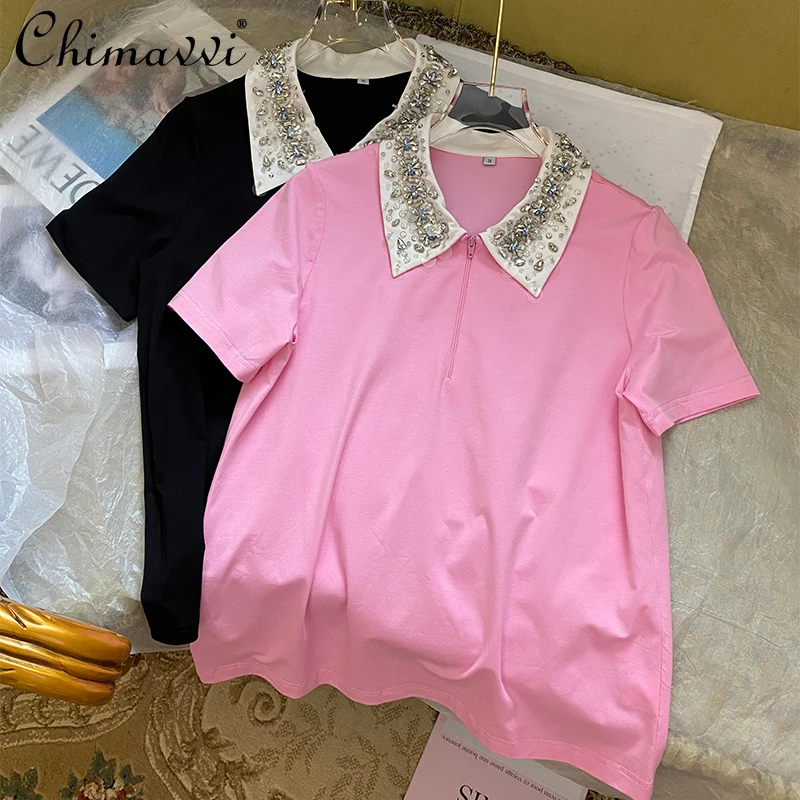 2022 Spring Summer New Fashion Sweet Lapel Loose Top Exquisite Rhinestone Polo Collar Streetwear Elegant Short Sleeve T-shirts