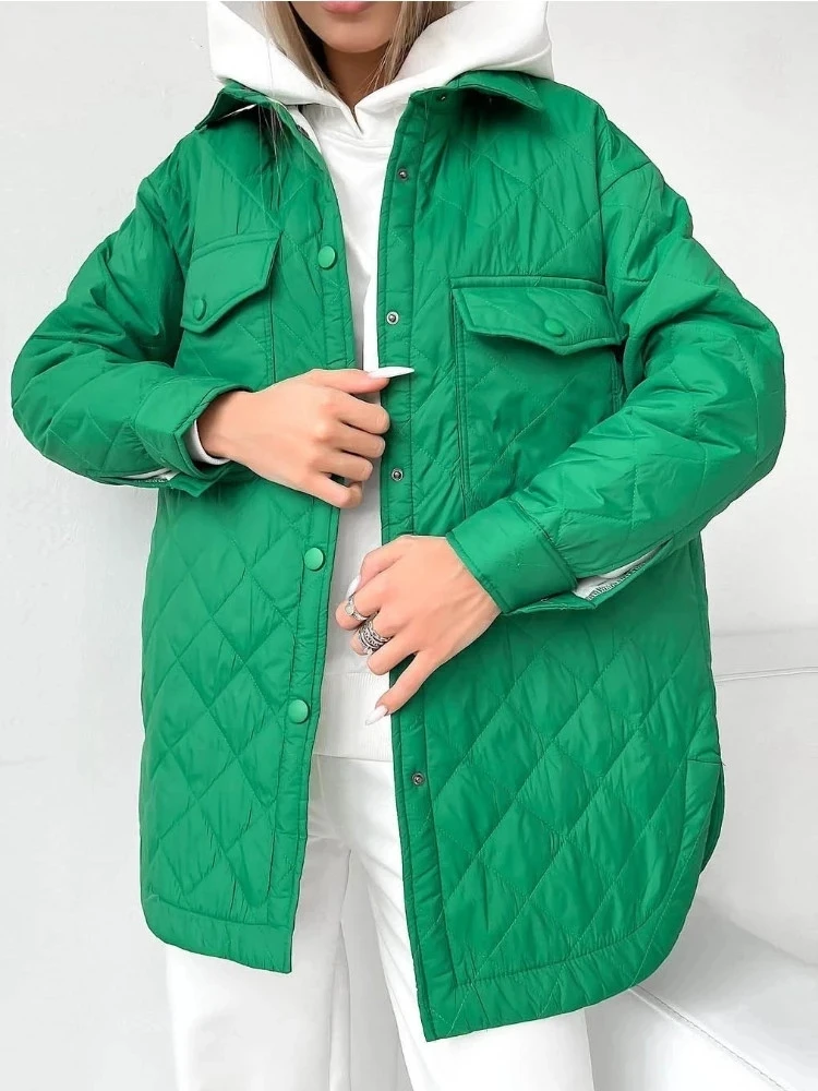 

Green Loose Warm Rhombus Puffer Women Parkas Coats Women Fashion Autumn Winter Jacket with Belt Ladies Oversize Outerwear