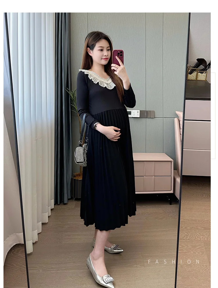 Осеннее элегантное платье для беременных черное милое кружевное плиссированное