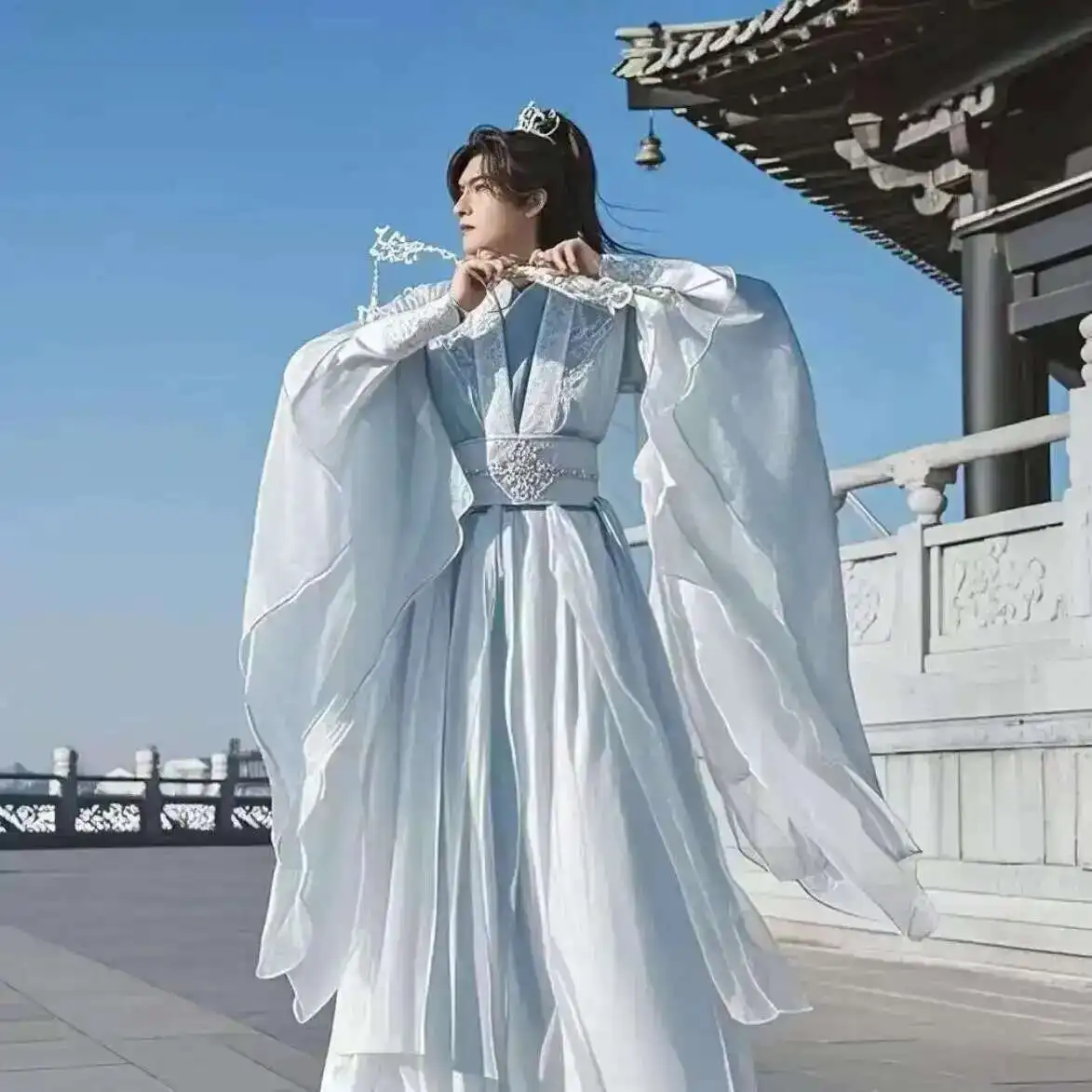 Фото Большой размер 3XL Hanfu, мужской белый костюм с китайской вышивкой, древний комплект Hanfu, костюм для косплея на Хэллоуин, светло-синий Hanfu №3