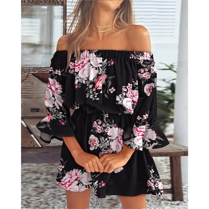 

Sexy Slash Neck One-Shoulder Puff Sleeves Dress 2022 Women Dress Floral Print Off Shoulder A-Line Bohemia Beach Boho Dresses
