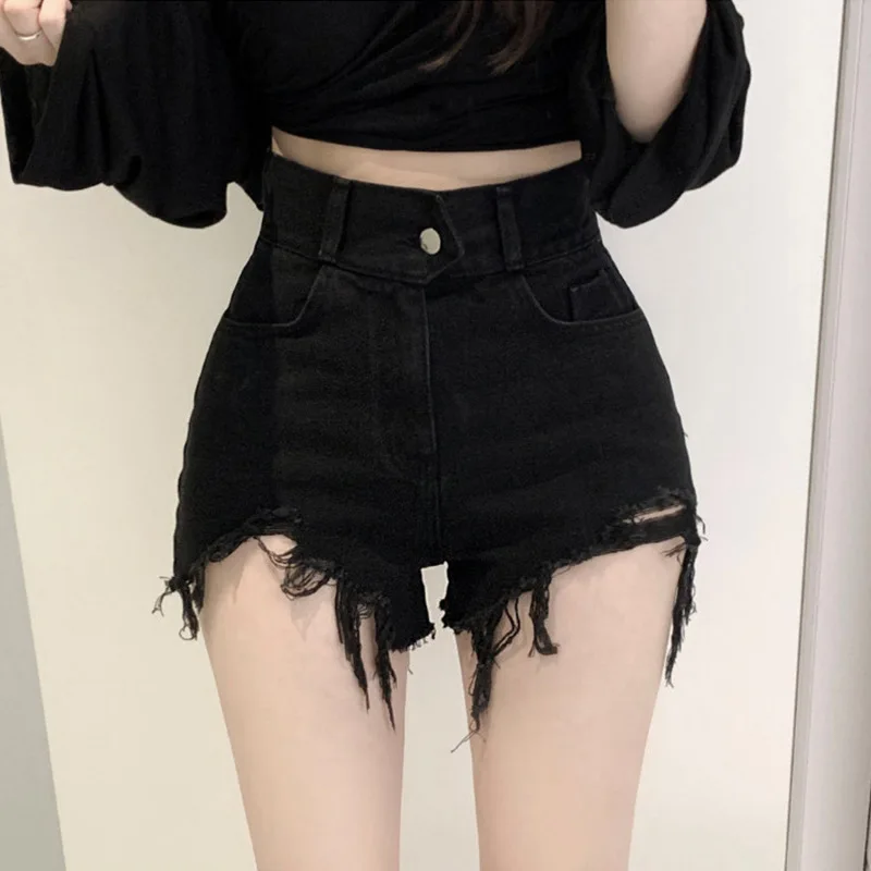 

Denim Shorts South Korea Dongmen High Waist Show Tall Thin Worn Ragged Edge Brushed Hole Solid Color Denim Shorts Fashion Women'