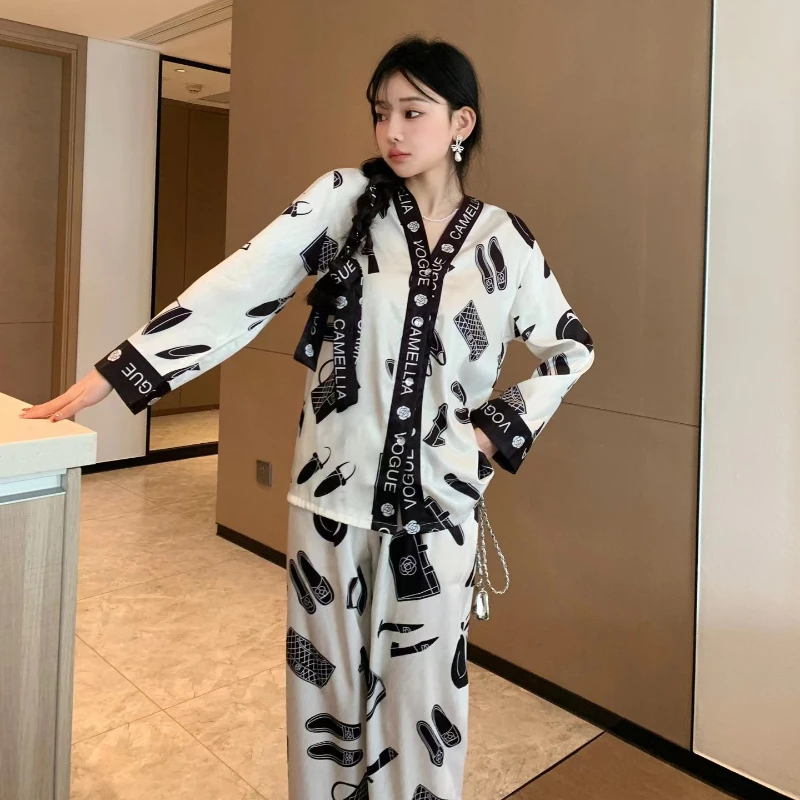 2023 Pajamas for Women's Spring and Summer Light Luxury Smooth Home Suit with Belt Breathable and Casual Sleepwear with V-neck