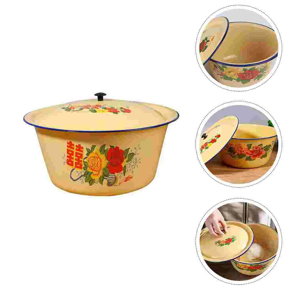 

1Pc Retro Washing Basin Old-type Enamels Basin with Cover Enamels Soup Basin