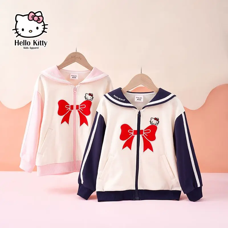 

Sanrio Kawaii Hello Kitty Zipper Jacket Children's Clothing Cute Cartoon Girls Navy Collar Cute Bow Coat Birthday Gift
