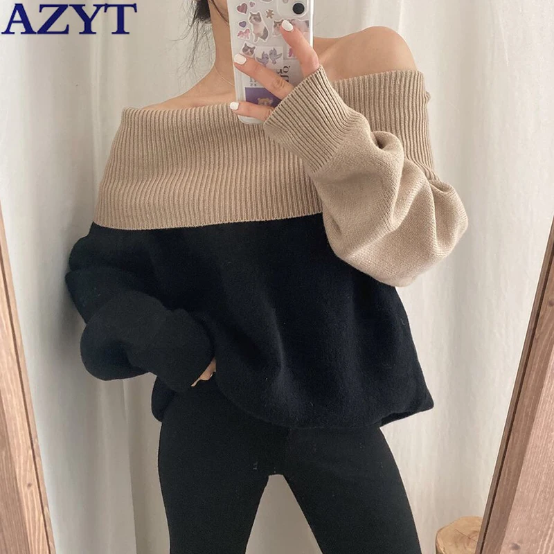 

AZYT Korean Fashion Panelled Sweater Pullovers Women 2022 Spring Autumn Slash Neck Knit Jumper Female Casual Knitwear Pull Femme
