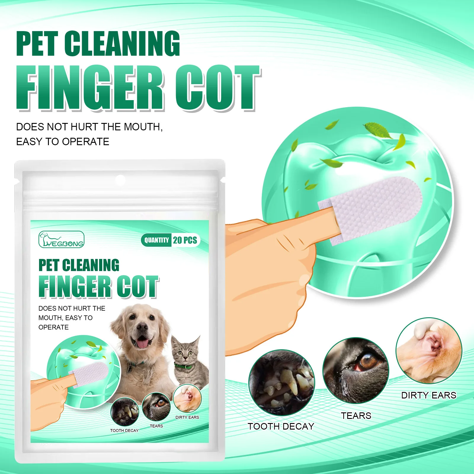 

Teeth whitening Oral Care Pet Finger Cot 20pcs/bag Finger Wet Wipes Remove Tartar Cochlear Cleaning for Pets Dogs