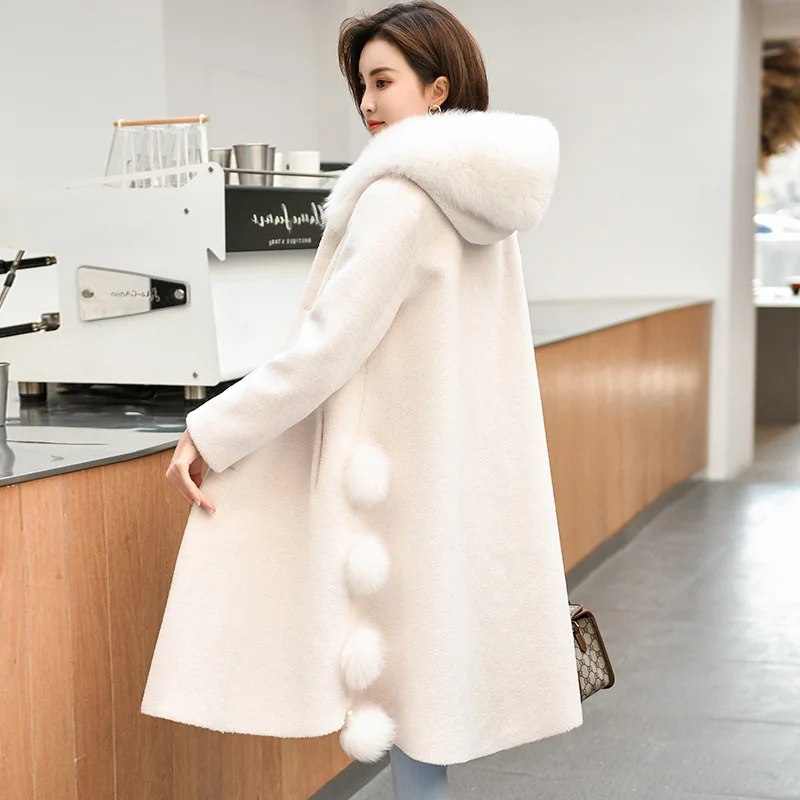 

100% genuine leather real Sheep fleece coat, women's medium length fox hair hooded style lamb hair, grain fur, all in one 2023