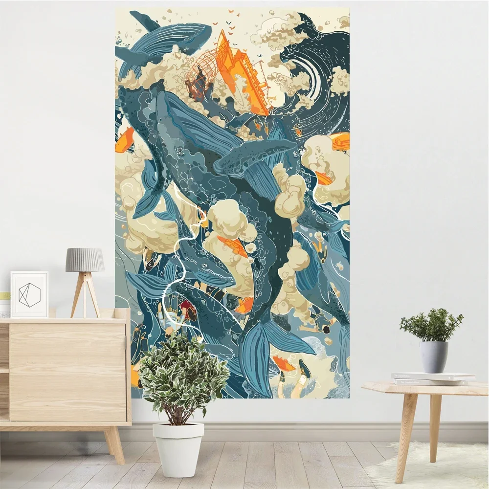 

Гобелен с рисунком китов и лодок, морская волна, элегантный художественный Коврик для йоги, эстетический Декор для комнаты