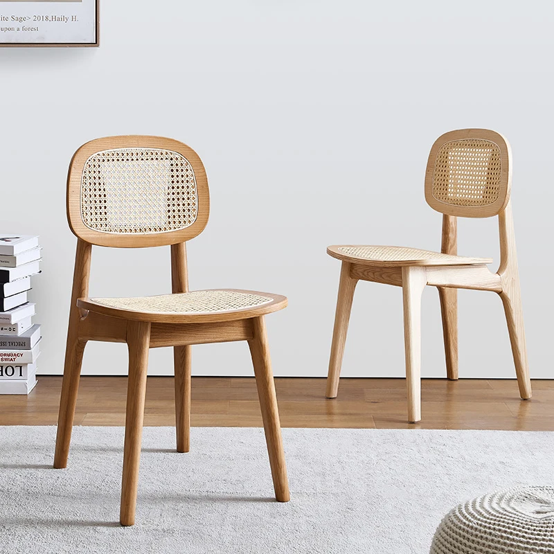 

Japanese-style solid wood dining chair home real rattan dining chair back makeup chair Nordic log retro dining table