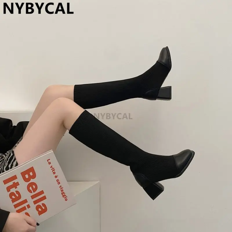 

Женские ботинки на высоком каблуке, сезон осень-зима 2023, модные вязаные эластичные ботинки, женские длинные ботинки в ретро стиле, женские ботинки, Новинка