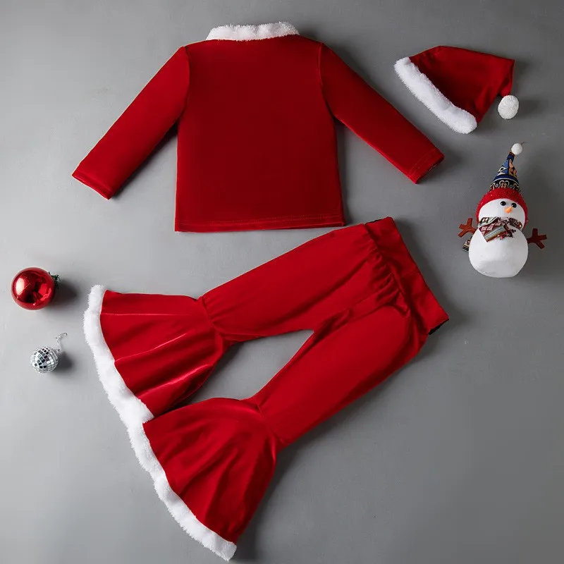 Christmas Winter Outfits Girls Cute Infant Santa Claus Cosplay Costume Kids Long Sleeve Top +Pants +Hat Toddler Dress With Doll