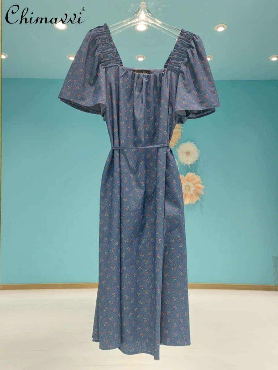 

Fashion Square Collar Blue Floral Square Collar Dress 2022 Summer New Loose Slim Temperament Mid-Length Large Swing Dress