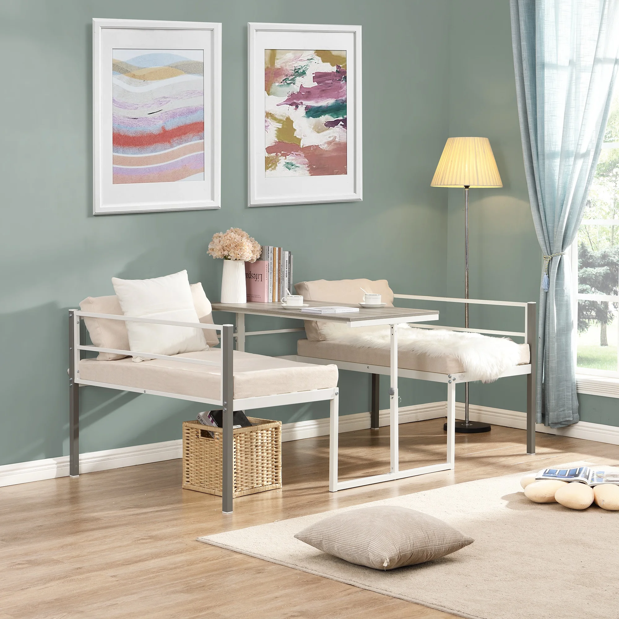 

Twin Size Adjustable Metal Daybed with Built-in-Desk can be Raised and Lowered , White