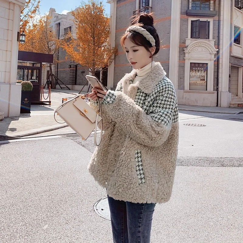 Houndstooth Lambswool Fur Patchwork Cotton Coat Winter Thick Warm Women Loose Faux Fur Jacket Plaid Plush Fashion Overcoat