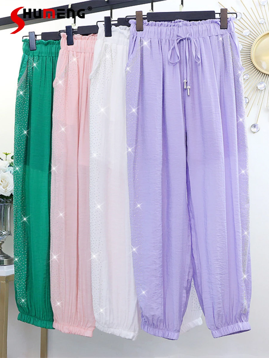 

2022 Summer New Fashion Trousers Rhinestone Versatile Loose Sweatpants Elastic Waist Casual Pants Thin Looking Jogger Pants