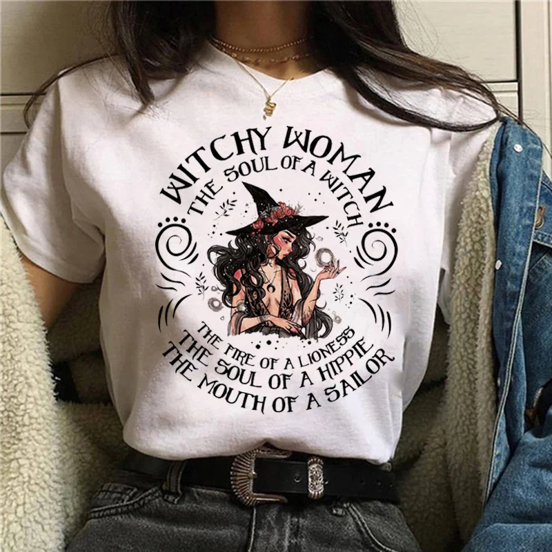 

Женская футболка с мультяшным принтом ведьмы, кавайная футболка, футболки с принтом на Хэллоуин, топ с коротким рукавом и графическим принтом в стиле Харадзюку, рубашки, уличный костюм