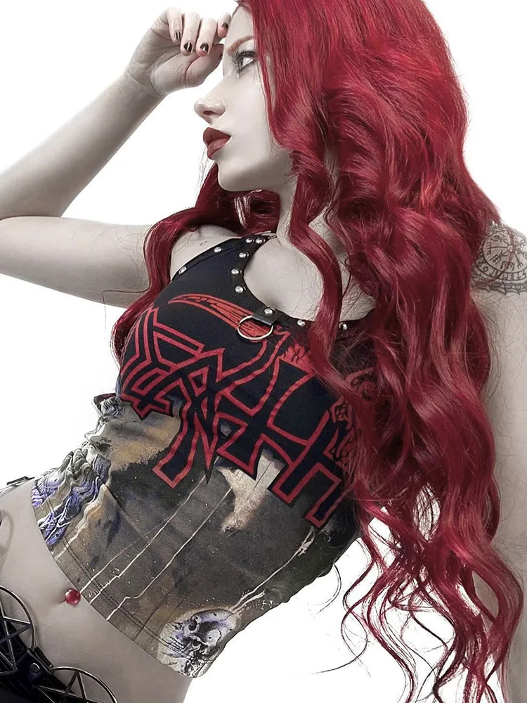 

Fashion Hip Hop Y2K Gothic Black Summer Halter Camis Women Streetwear Punk Grunge Slim Sleeveless Print Rivet Sexy Crop Tops 90s