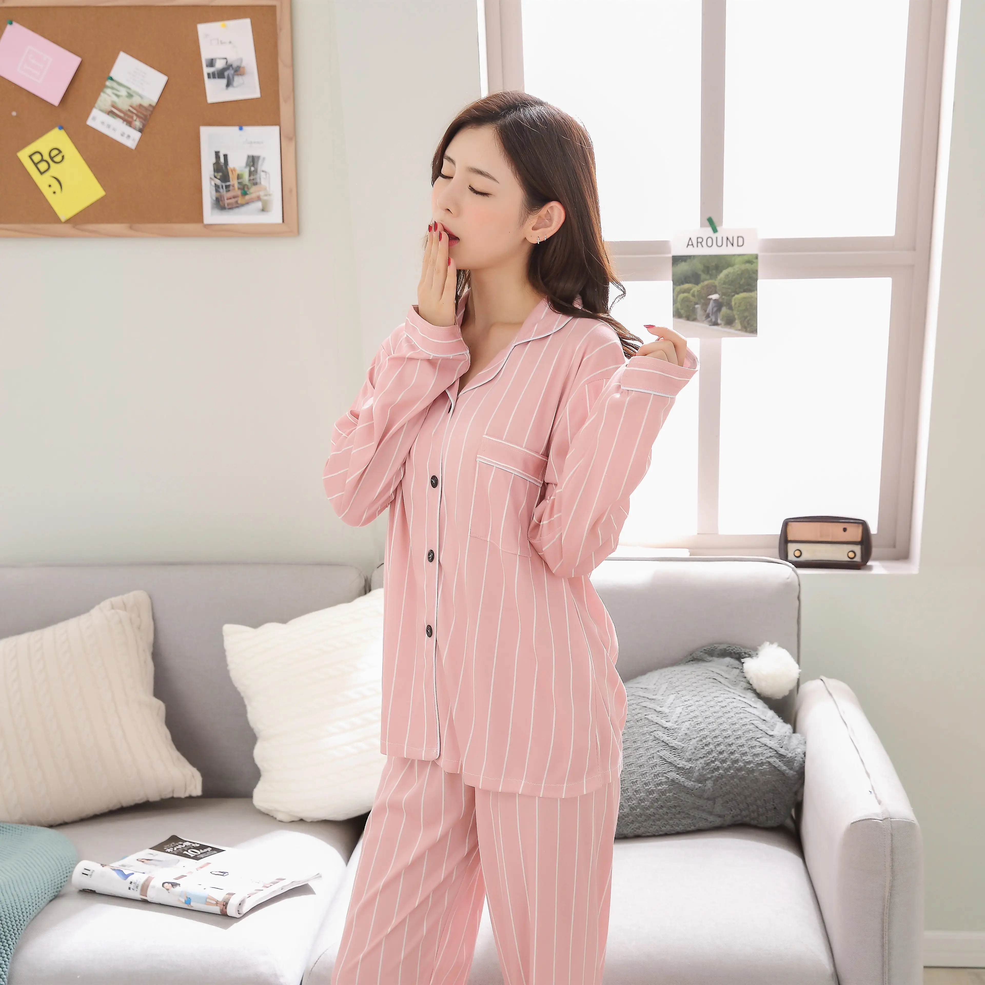 Women Home Wear Sets WAVMIT Women Pajama Set Pink Color Stripes Pyjama Set Girls Long Sleeve Sleepwear Soft Women Top Trousers