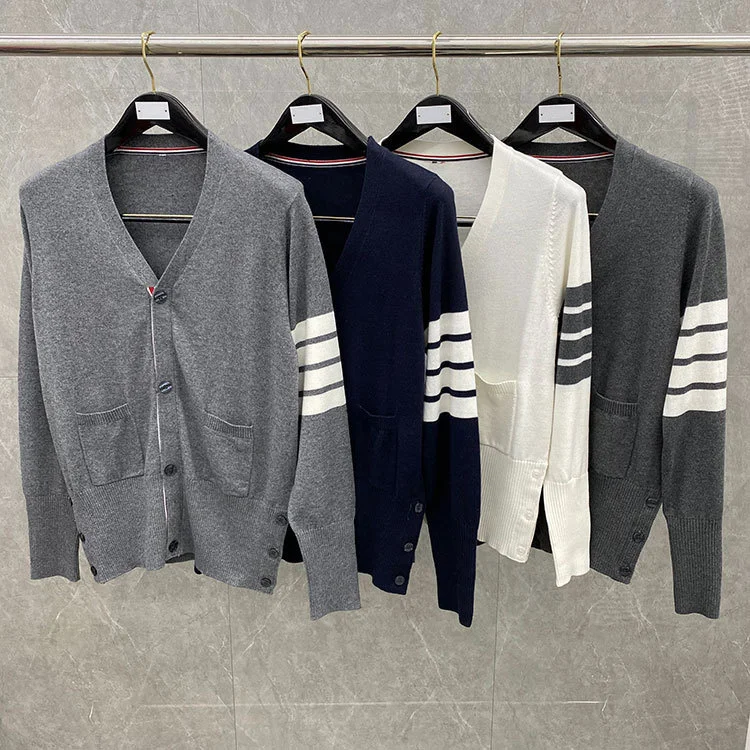 Autumn Men Slim Sweaters Wool V-Neck Cardigans Jacket Casual TB Striped Soft Korean Design Fit Cotton High Quality